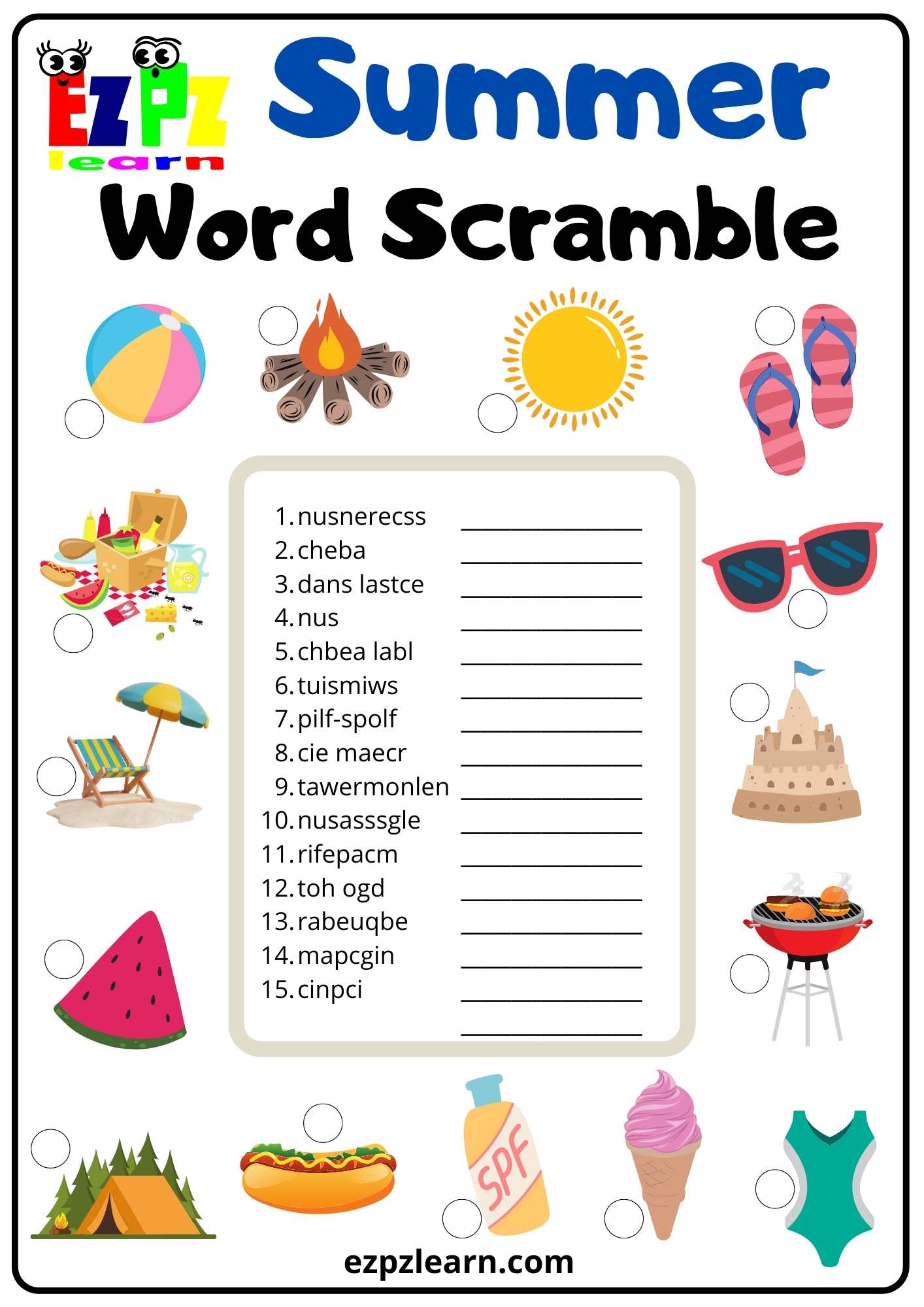 Summer Word Scramble Activity Ezpzlearn